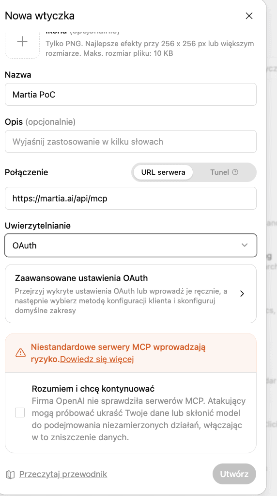 Okno nowej wtyczki w ChatGPT z adresem serwera Martii i uwierzytelnianiem OAuth